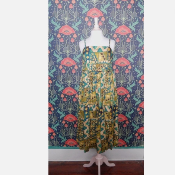 Peruvian Connection Dress Bedelia Green Yellow Midi Flowy Sleeveless US 4 - Picture 1 of 6